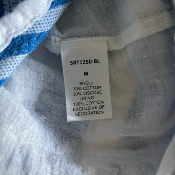 THML blue and white geometric pattern 3/4 bell sleeve vneck mini dress - Picture 5 of 5